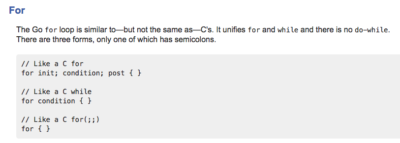 “Effective Go”’s explanation of the `for` loop