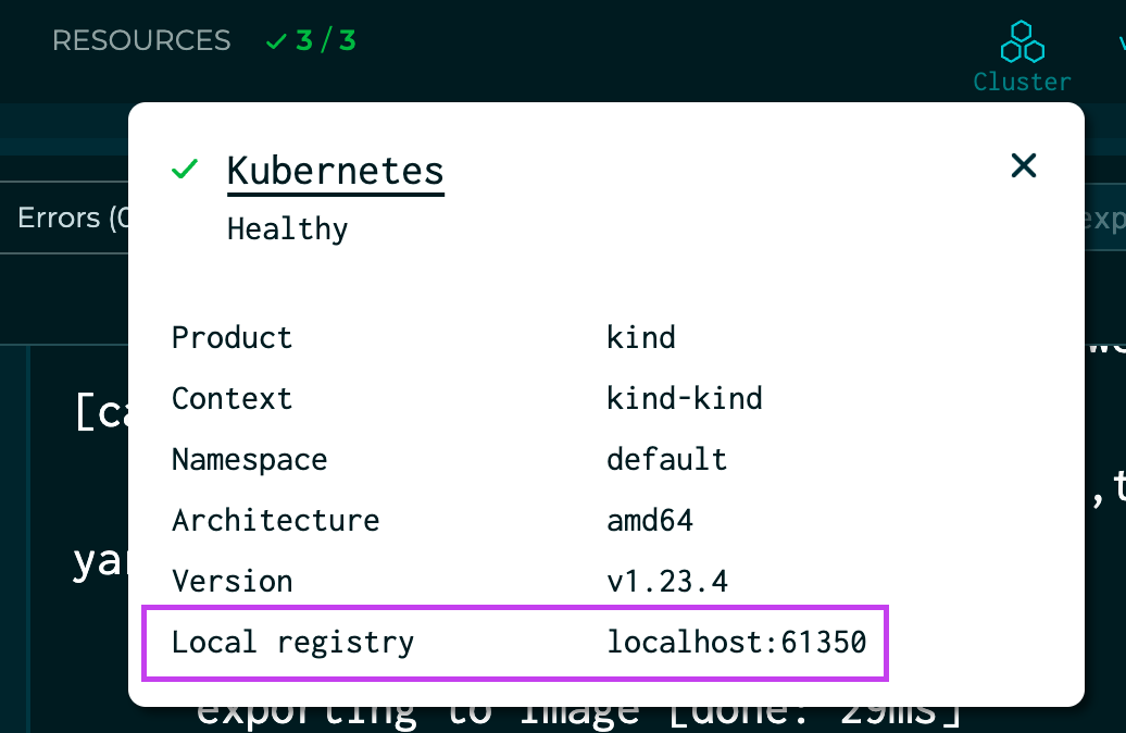 Kubernetes cluster metadata popup in Tilt UI
