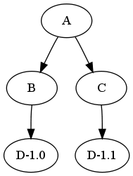 Package A uses Package B and C. Package B uses package D version 1.0, package C uses package D version 1.1