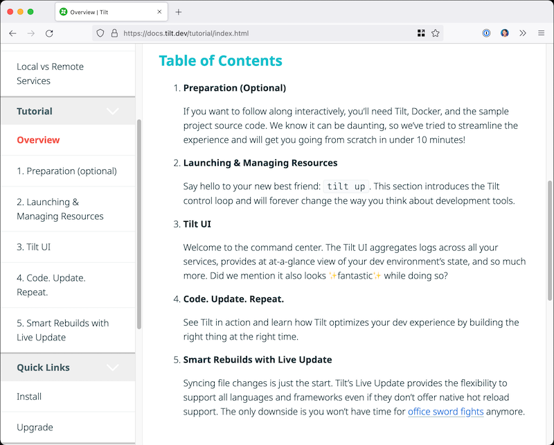 Screenshot of the new Tilt docs showing the Tutorial overview