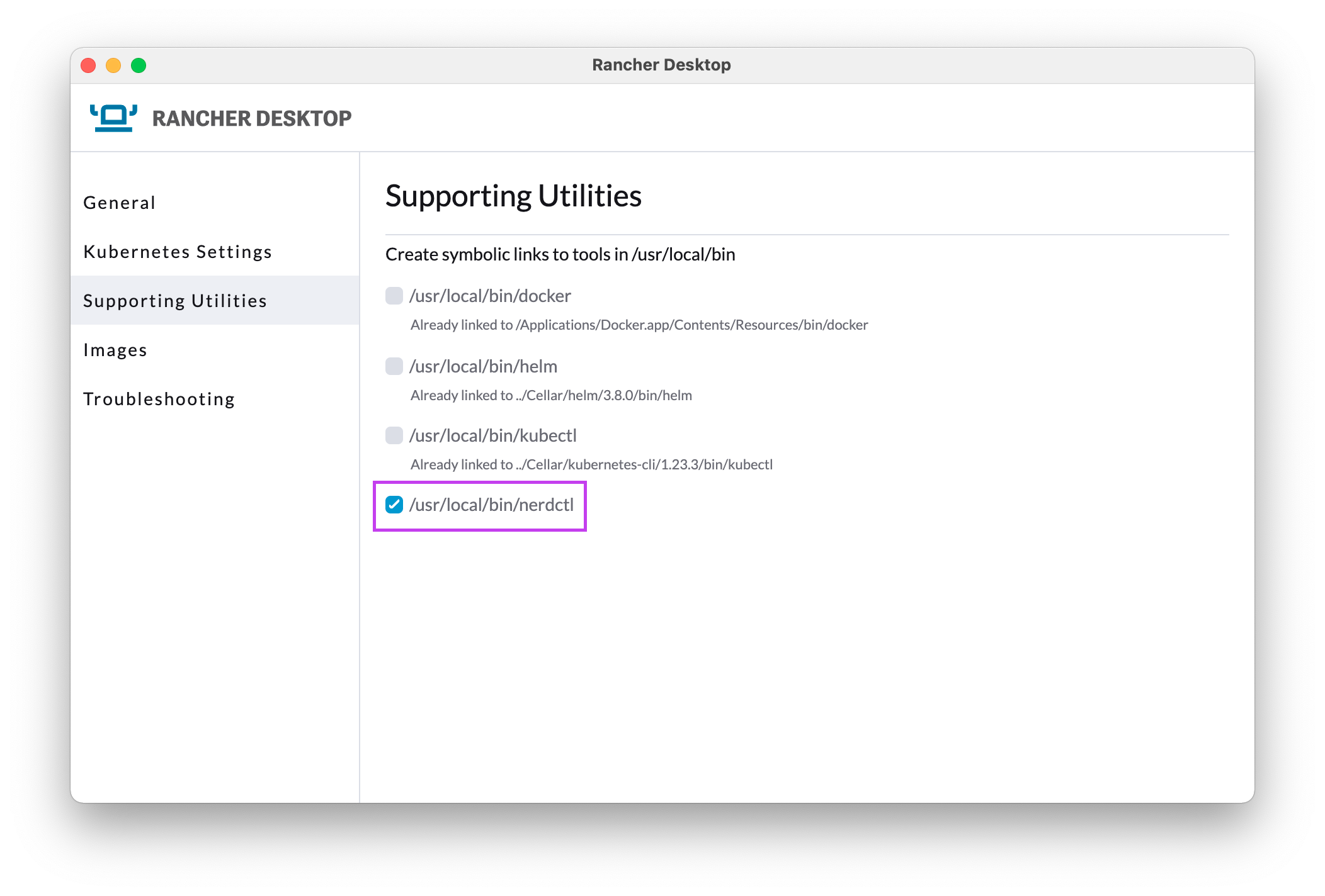 Rancher Desktop preferences pane showing the nerdctl option