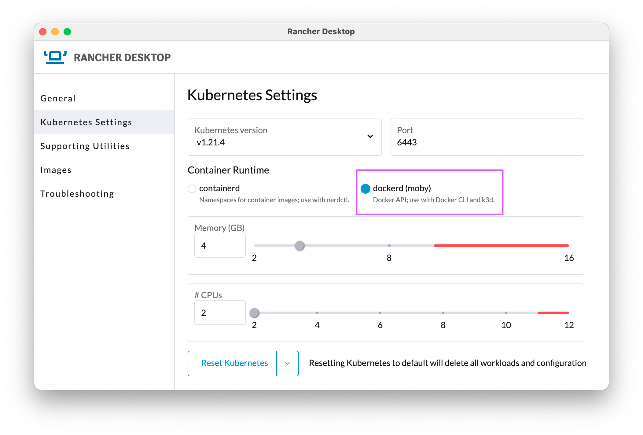 Rancher Desktop open to the "Kubernetes Settings" section highlighting Container Runtime section