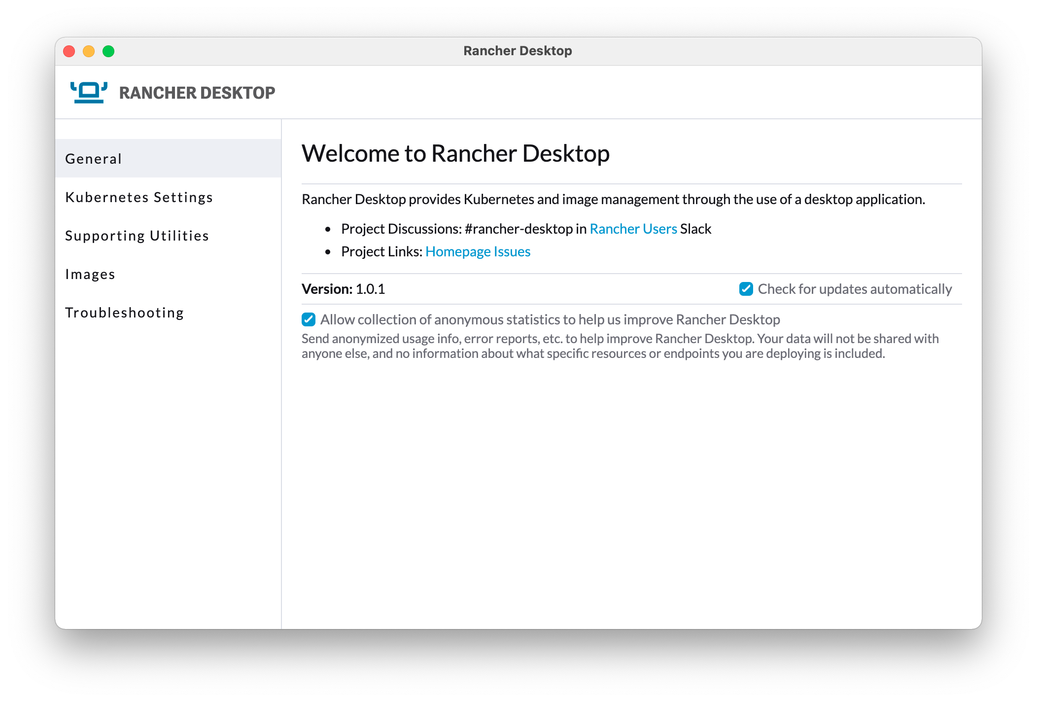 Rancher Desktop interface on macOS