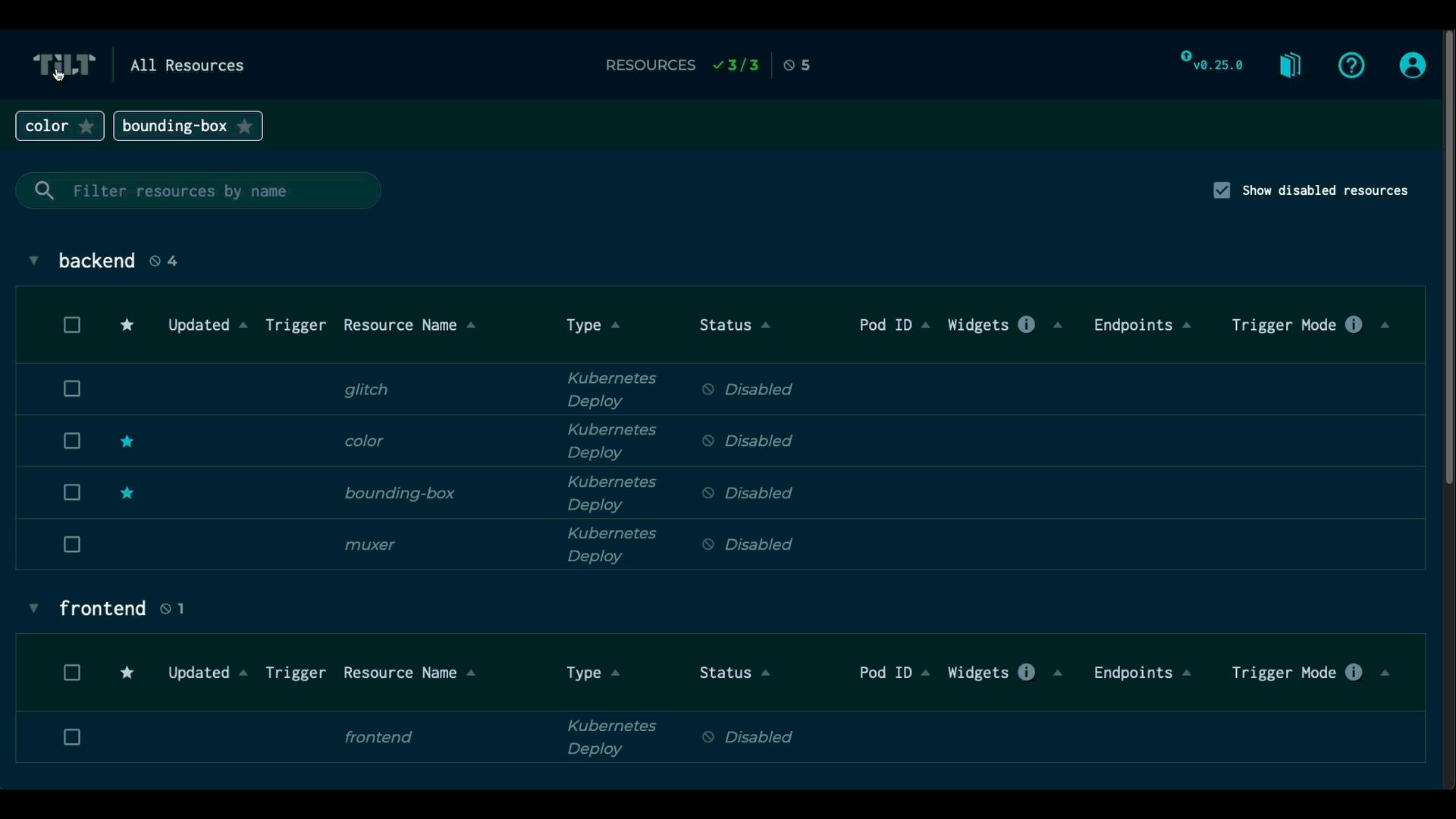 Enable multiple resources grouped together with labels through the Tilt UI