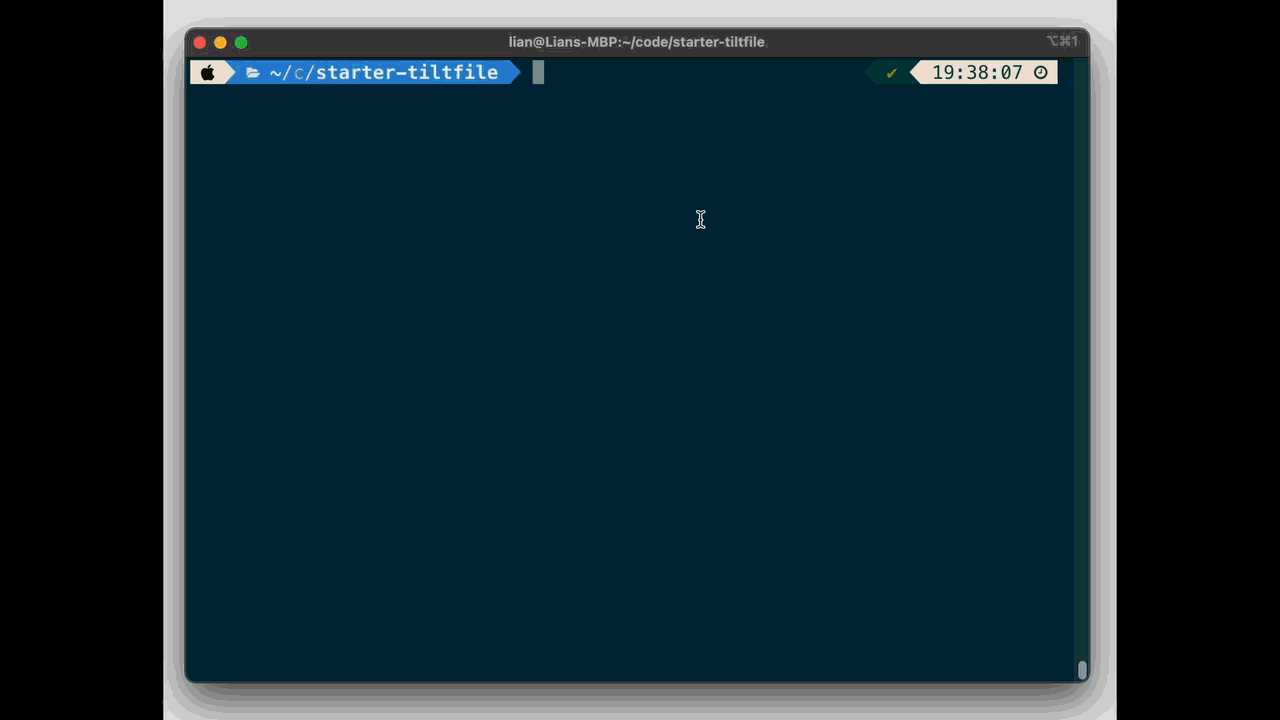 Tilt CLI prompting creation of a starter Tiltfile, quick scroll through the generated Tiltfile