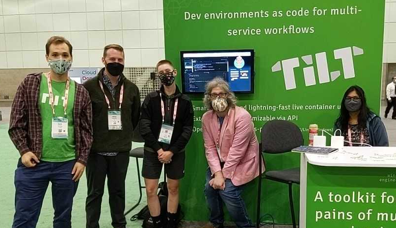 The Tilt team, hanging out in our KubeCon booth. From left to right: Nick, Milas, Lizz, Dan, and Surbhi